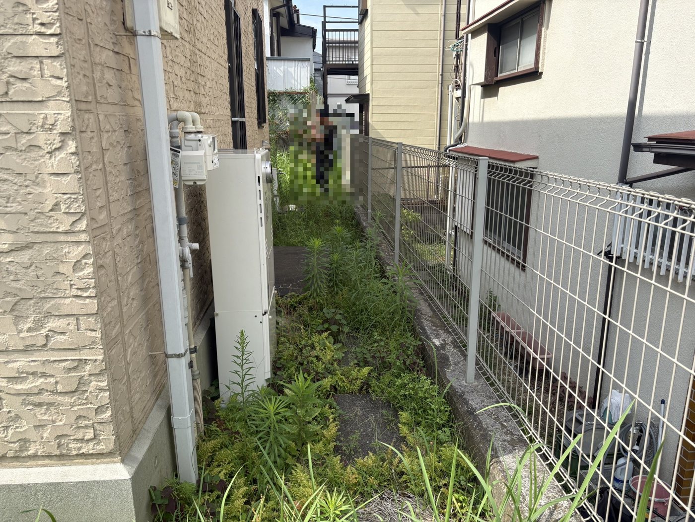 横浜市旭区 伸びきった敷地まわりの草刈り・整理 建物脇の通路（給湯器まわり） 施工前